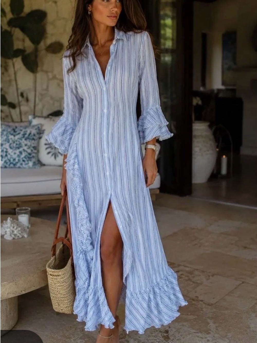 Ermanno Scervino Light Blue Striped Ruffle Maxi Dress